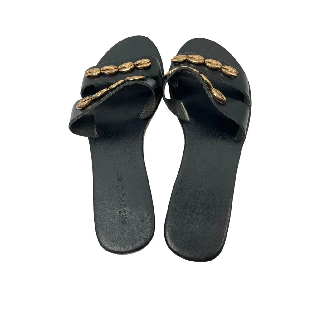 SALT +‎ UMBER Cowrie gold Shell Leather slide Sandals Size 8 black chic boho